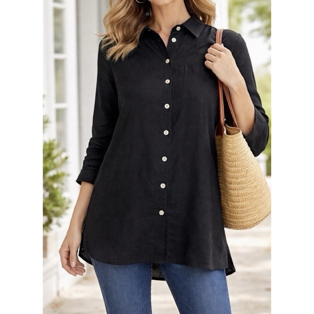 Soft Surroundings Button Up Tunic Black Linen Blend Zipper Back Artsy Minimalist